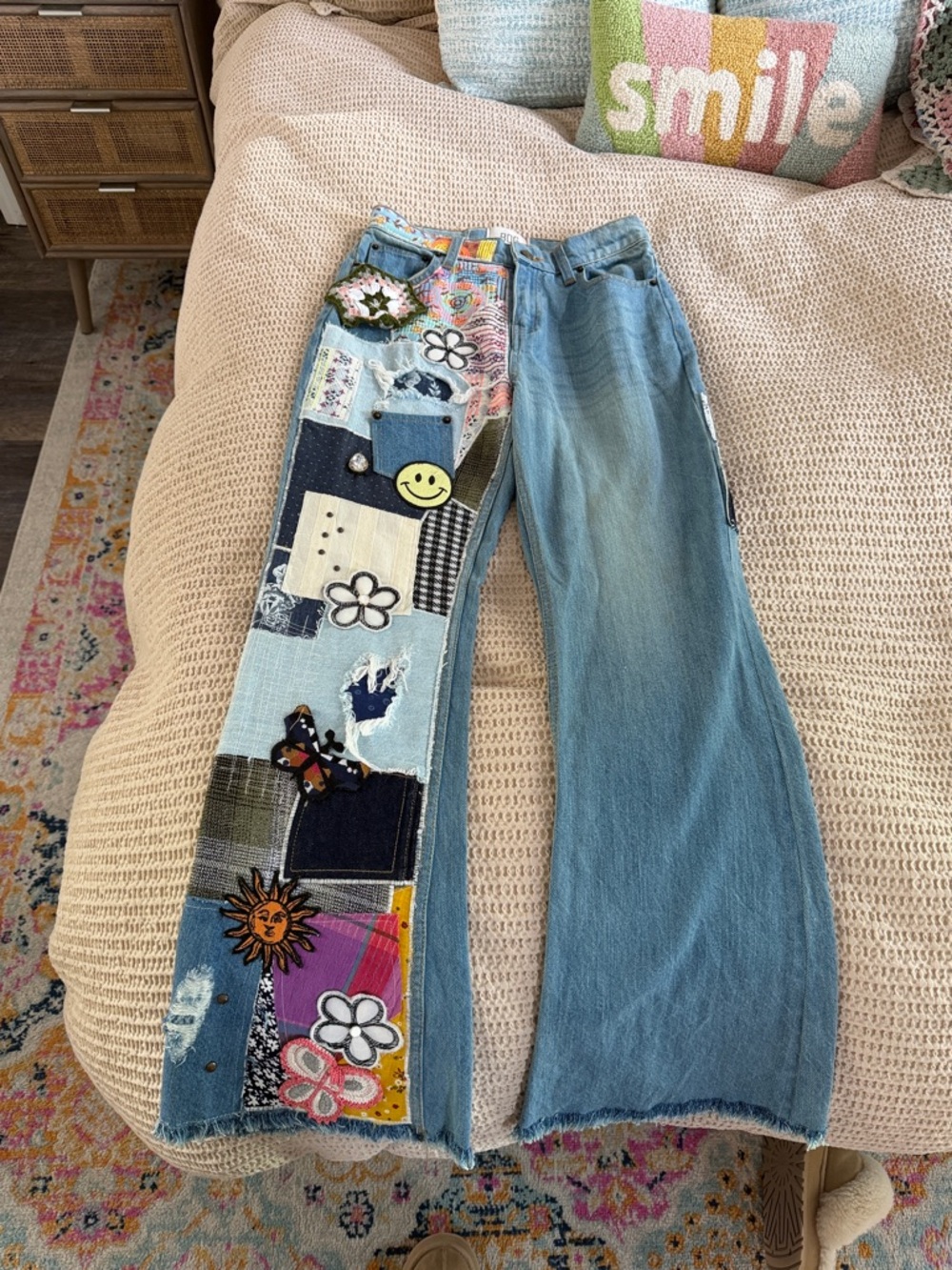 BDG Light Blue Patchwork Straight Leg Jeans with Floral & Smiley Accents